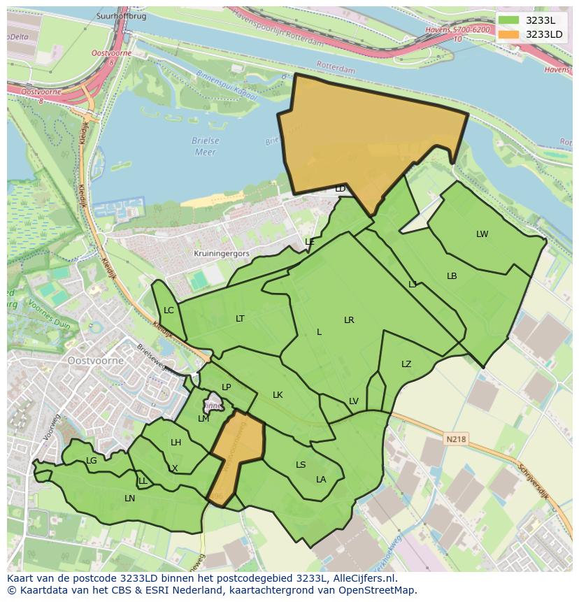Afbeelding van het postcodegebied 3233 LD op de kaart.