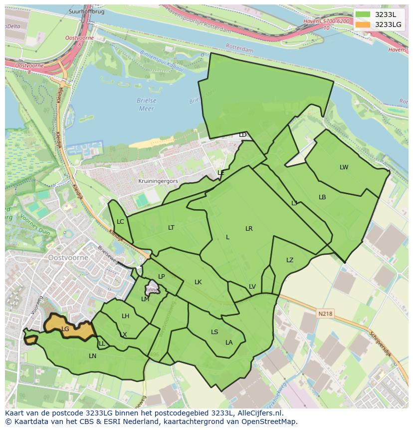 Afbeelding van het postcodegebied 3233 LG op de kaart.