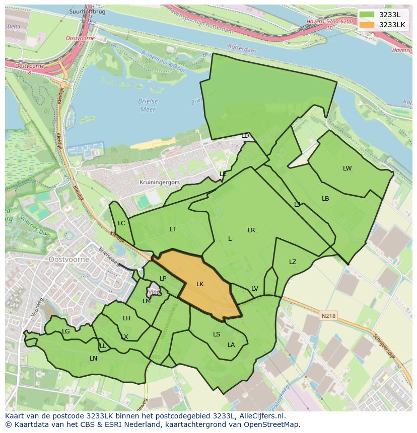Afbeelding van het postcodegebied 3233 LK op de kaart.