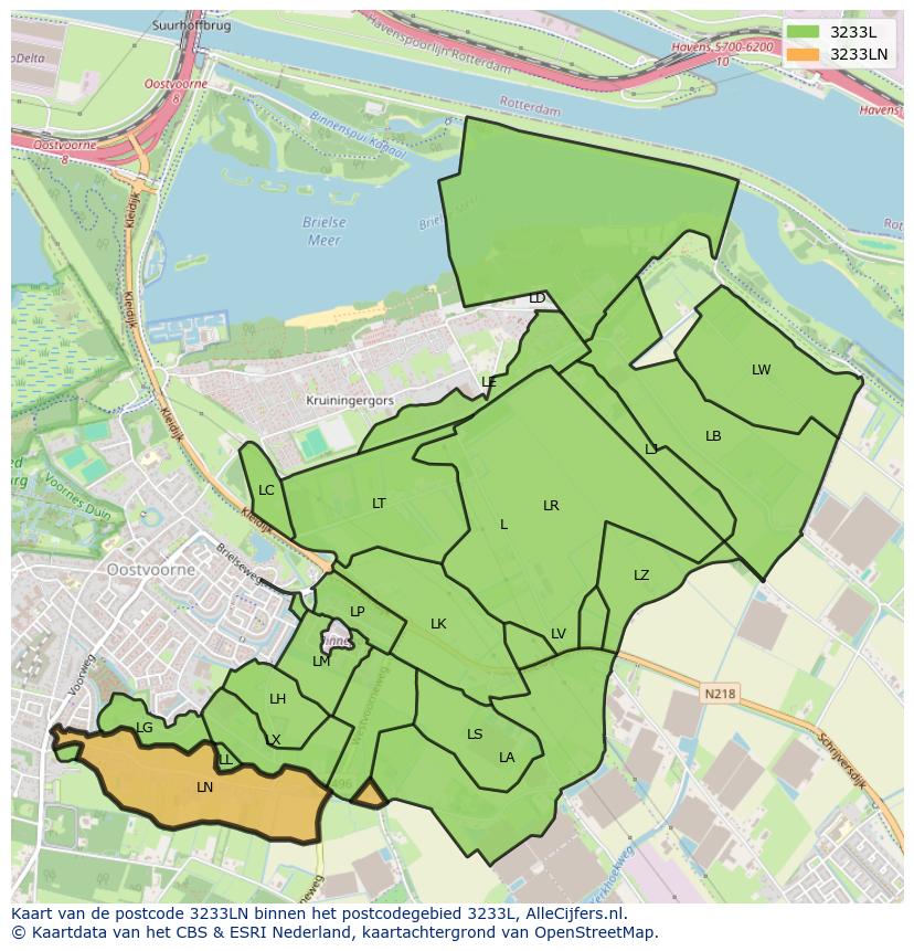 Afbeelding van het postcodegebied 3233 LN op de kaart.