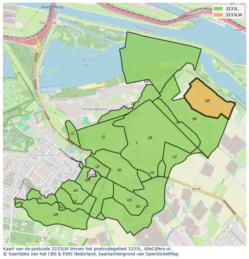 Afbeelding van het postcodegebied 3233 LW op de kaart.