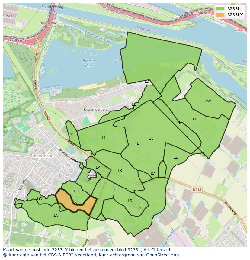 Afbeelding van het postcodegebied 3233 LX op de kaart.