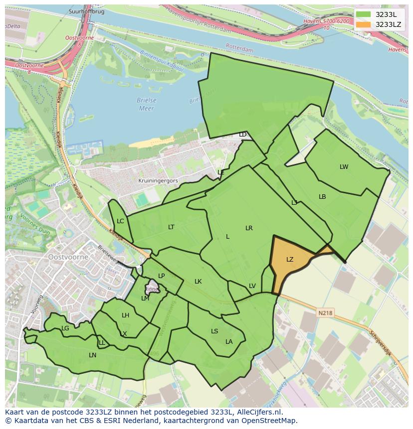 Afbeelding van het postcodegebied 3233 LZ op de kaart.