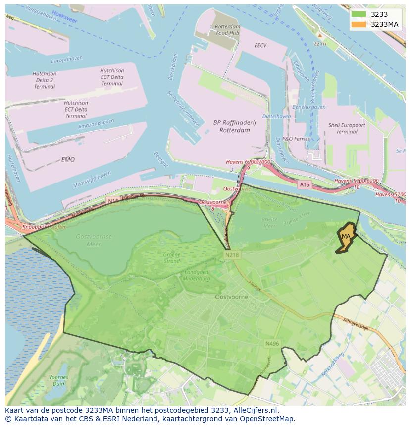 Afbeelding van het postcodegebied 3233 MA op de kaart.