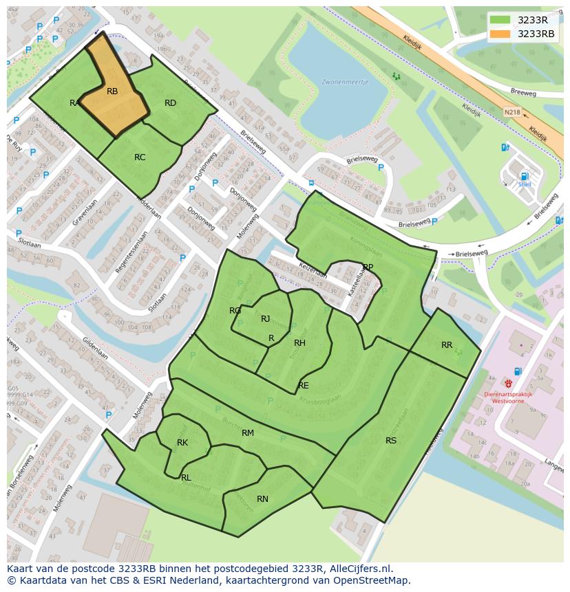 Afbeelding van het postcodegebied 3233 RB op de kaart.