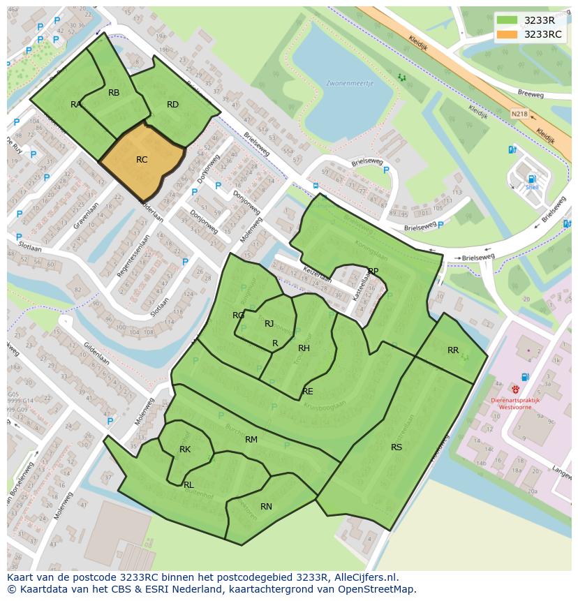 Afbeelding van het postcodegebied 3233 RC op de kaart.