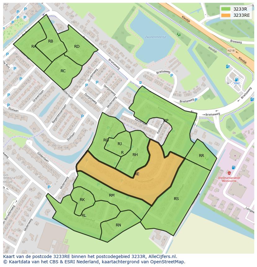 Afbeelding van het postcodegebied 3233 RE op de kaart.