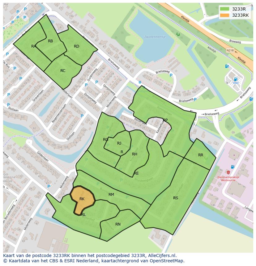 Afbeelding van het postcodegebied 3233 RK op de kaart.