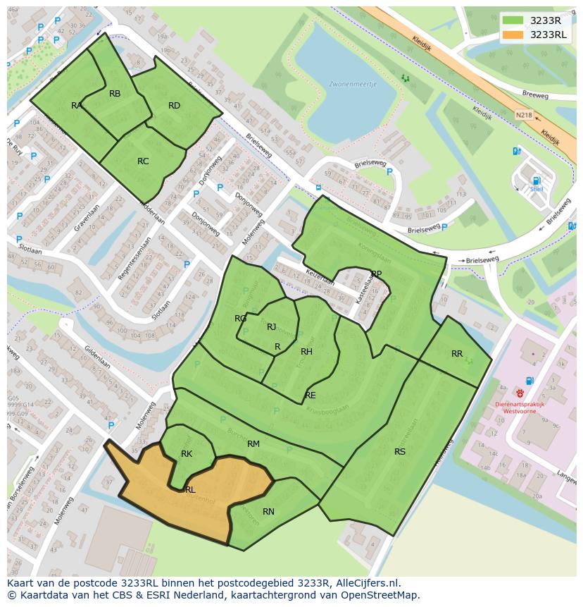 Afbeelding van het postcodegebied 3233 RL op de kaart.