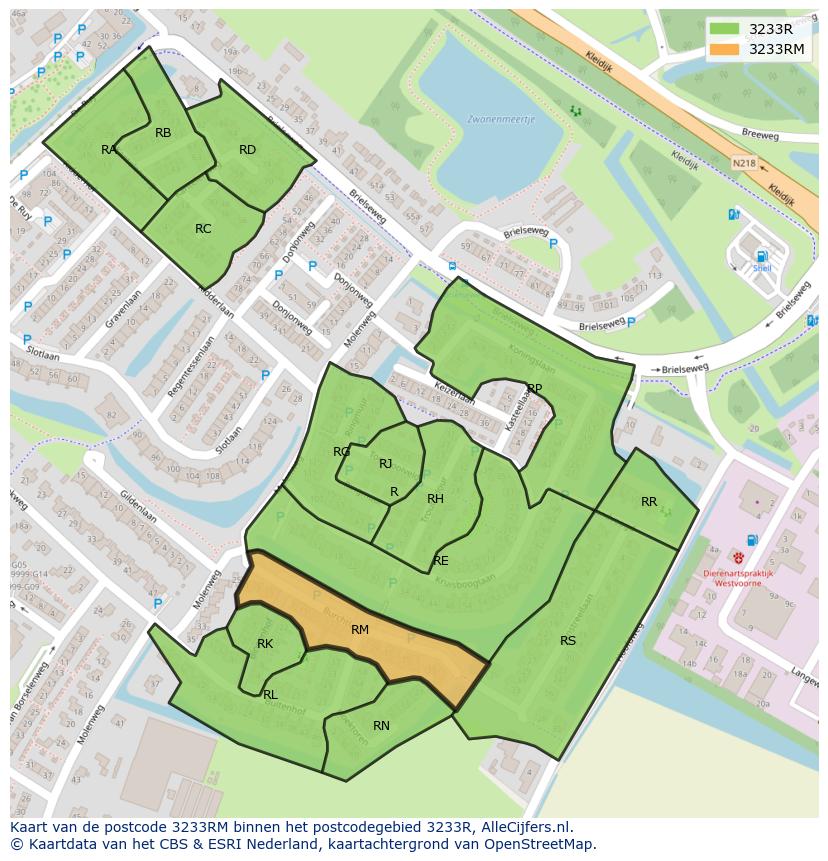 Afbeelding van het postcodegebied 3233 RM op de kaart.