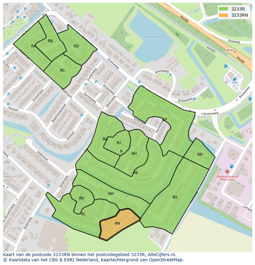 Afbeelding van het postcodegebied 3233 RN op de kaart.