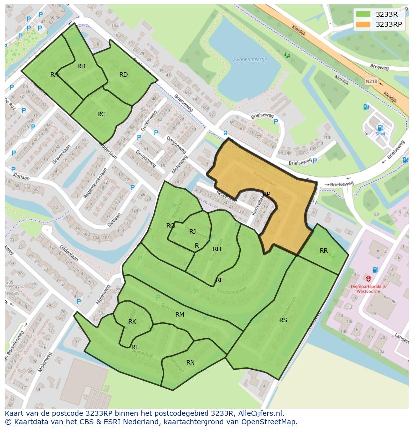 Afbeelding van het postcodegebied 3233 RP op de kaart.