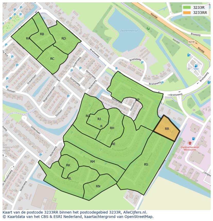 Afbeelding van het postcodegebied 3233 RR op de kaart.