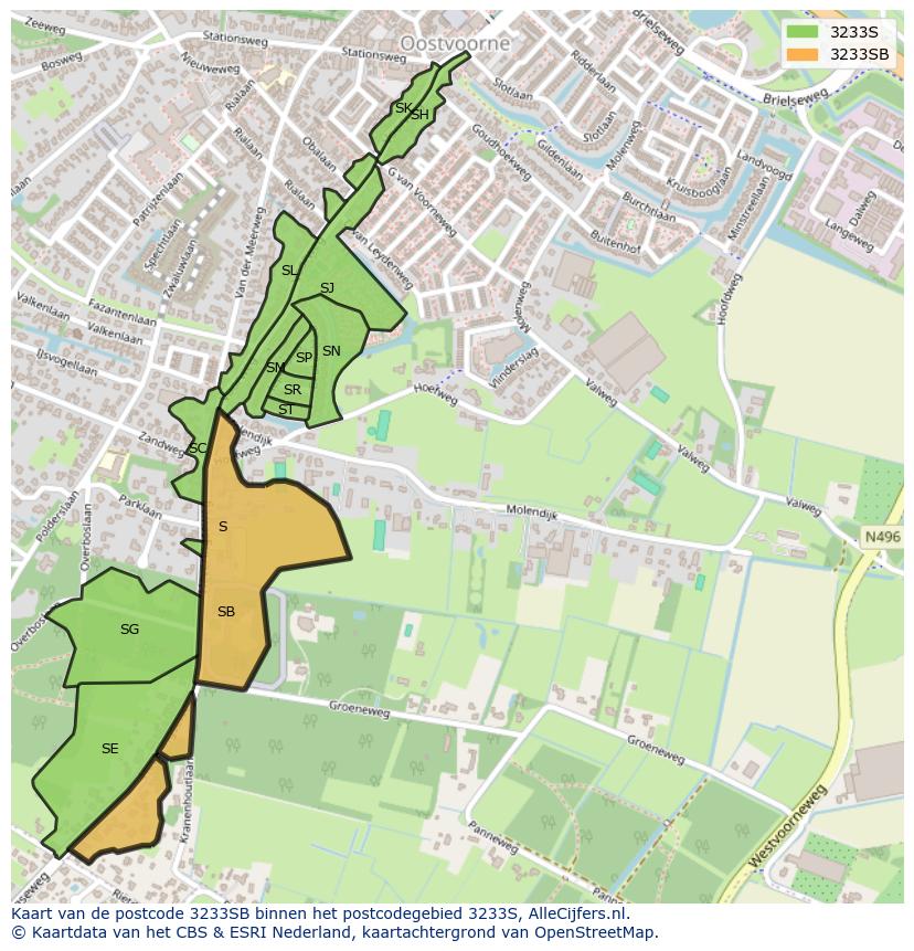 Afbeelding van het postcodegebied 3233 SB op de kaart.