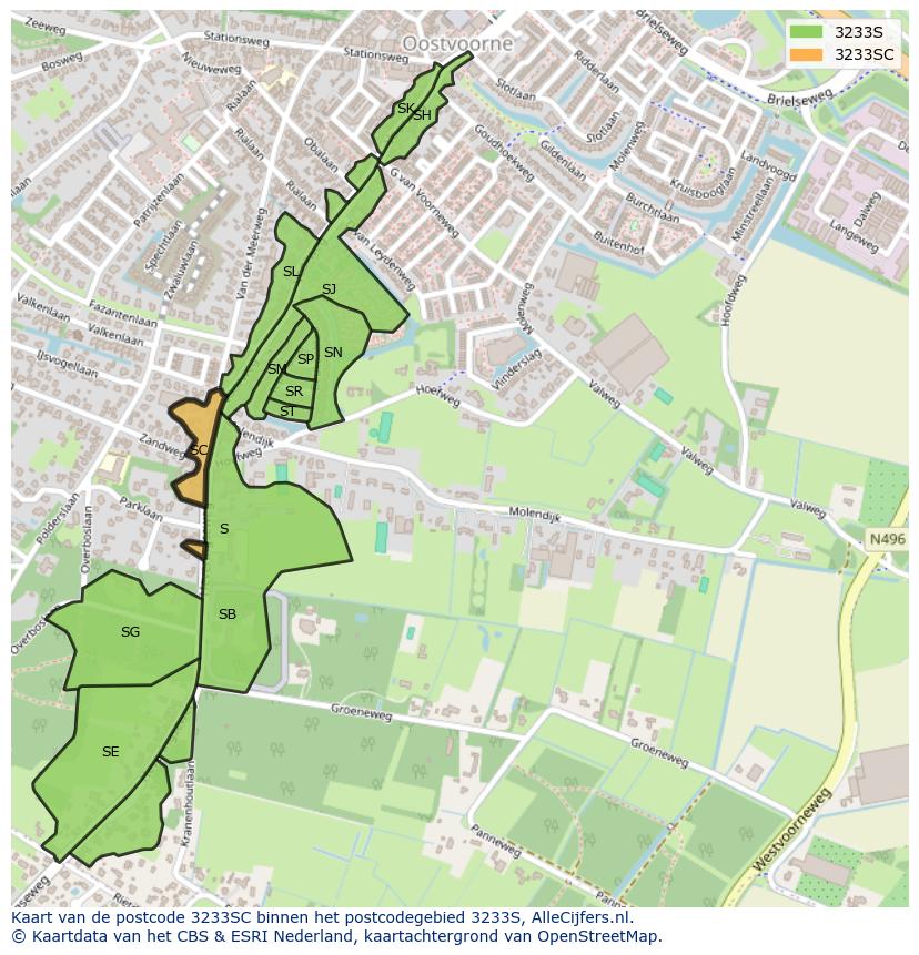 Afbeelding van het postcodegebied 3233 SC op de kaart.