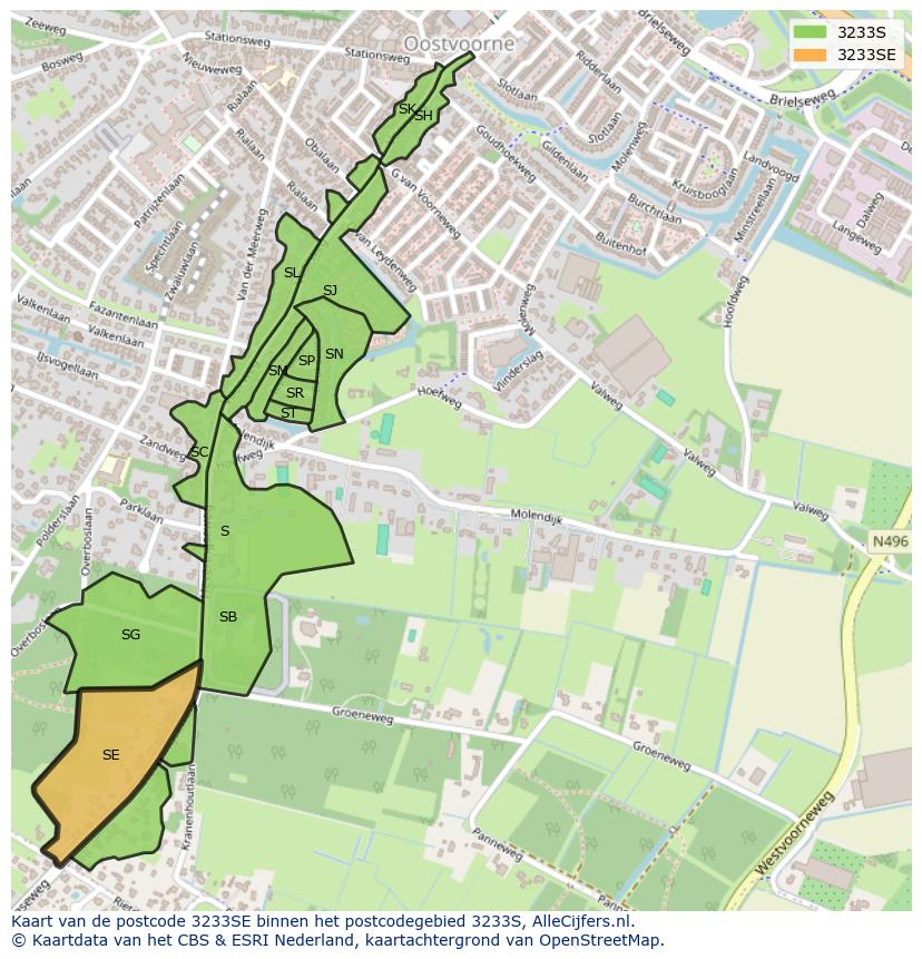 Afbeelding van het postcodegebied 3233 SE op de kaart.
