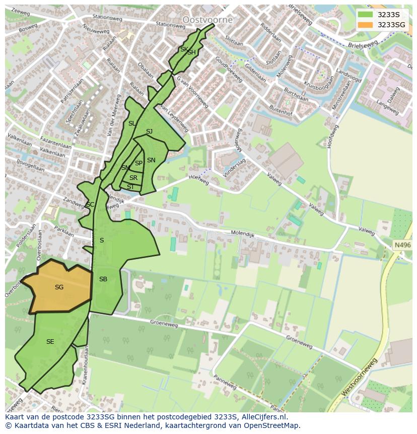 Afbeelding van het postcodegebied 3233 SG op de kaart.