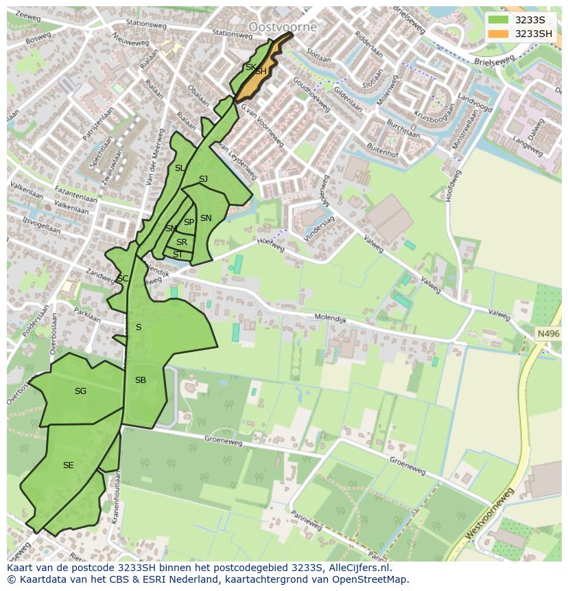 Afbeelding van het postcodegebied 3233 SH op de kaart.