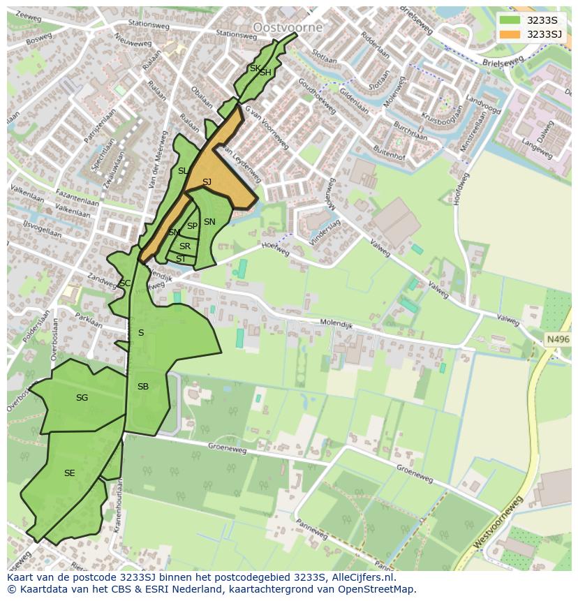 Afbeelding van het postcodegebied 3233 SJ op de kaart.