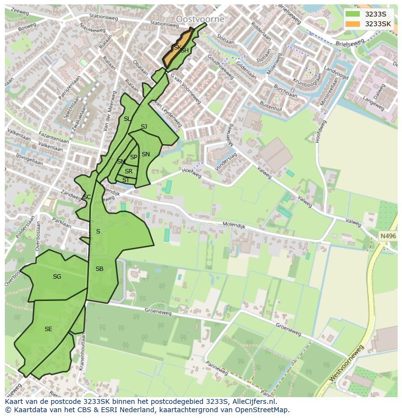 Afbeelding van het postcodegebied 3233 SK op de kaart.