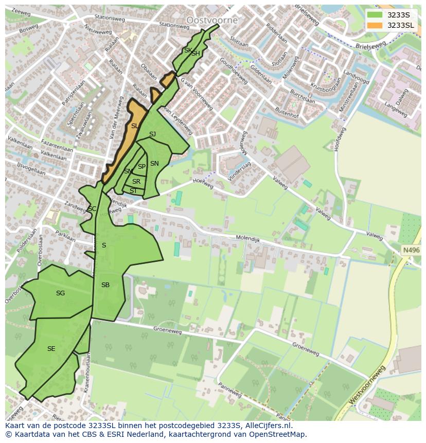 Afbeelding van het postcodegebied 3233 SL op de kaart.