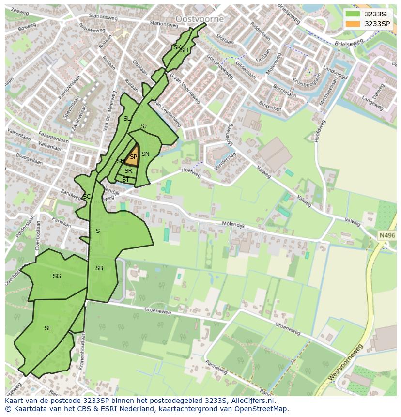 Afbeelding van het postcodegebied 3233 SP op de kaart.