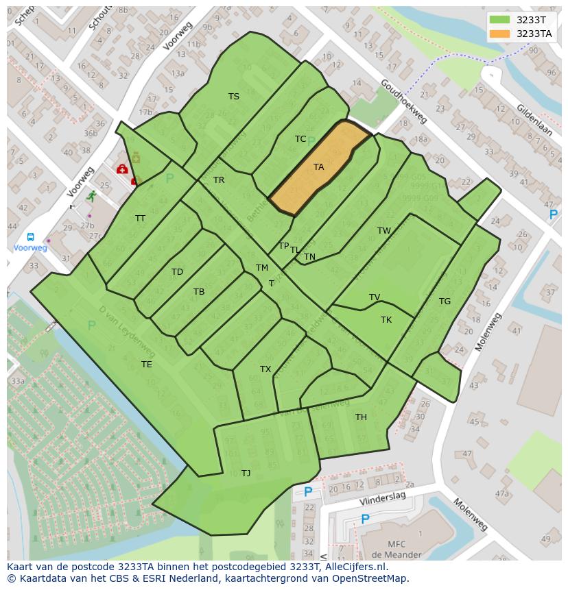 Afbeelding van het postcodegebied 3233 TA op de kaart.