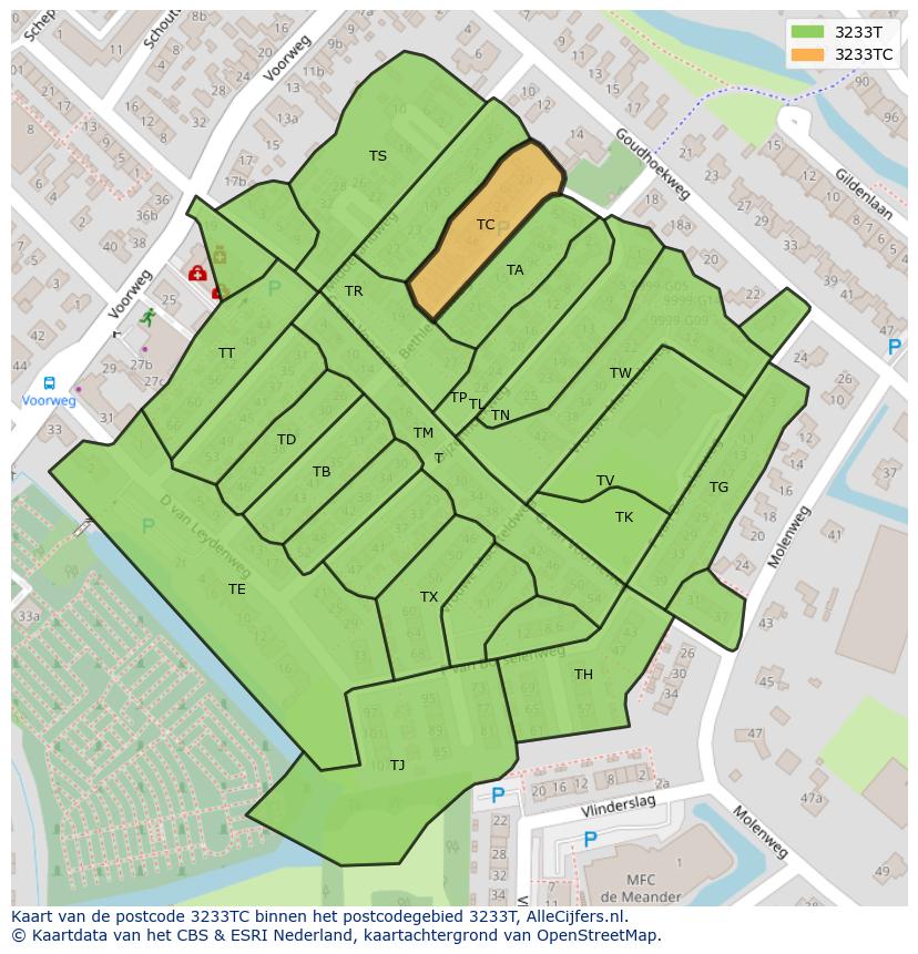 Afbeelding van het postcodegebied 3233 TC op de kaart.