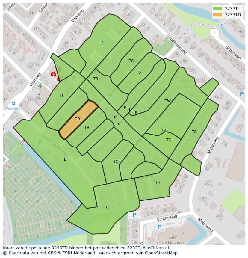Afbeelding van het postcodegebied 3233 TD op de kaart.