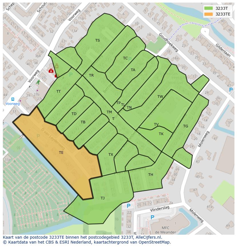 Afbeelding van het postcodegebied 3233 TE op de kaart.