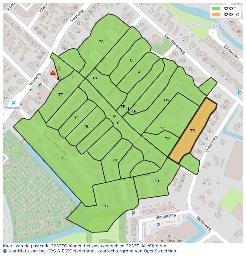 Afbeelding van het postcodegebied 3233 TG op de kaart.