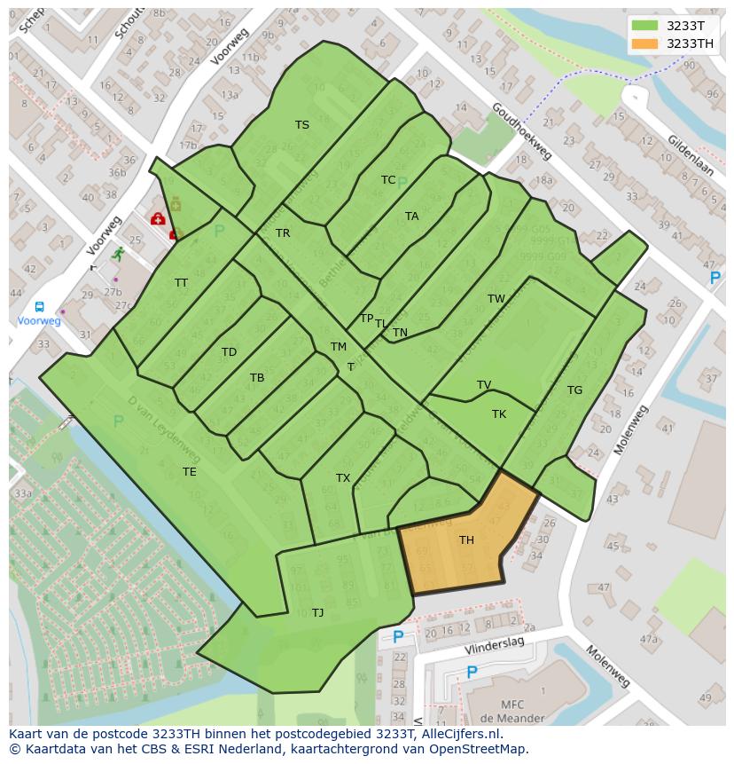 Afbeelding van het postcodegebied 3233 TH op de kaart.