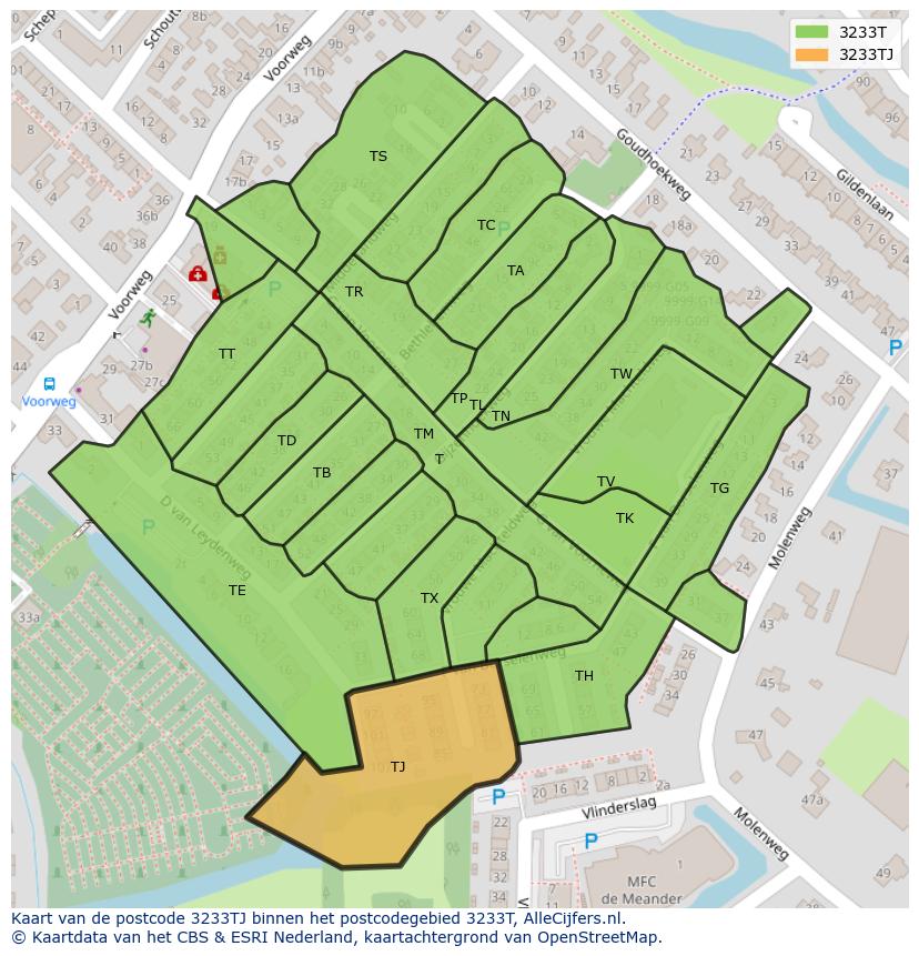 Afbeelding van het postcodegebied 3233 TJ op de kaart.