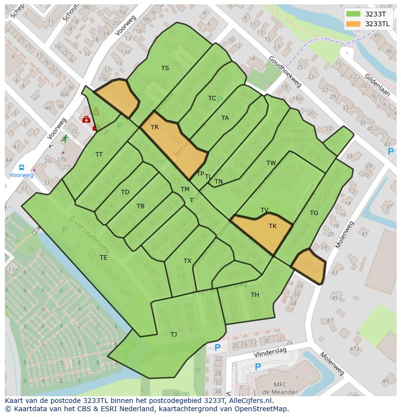 Afbeelding van het postcodegebied 3233 TL op de kaart.