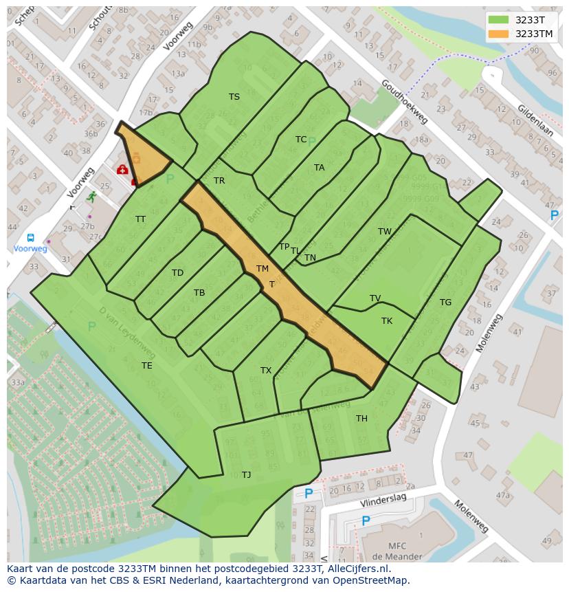 Afbeelding van het postcodegebied 3233 TM op de kaart.
