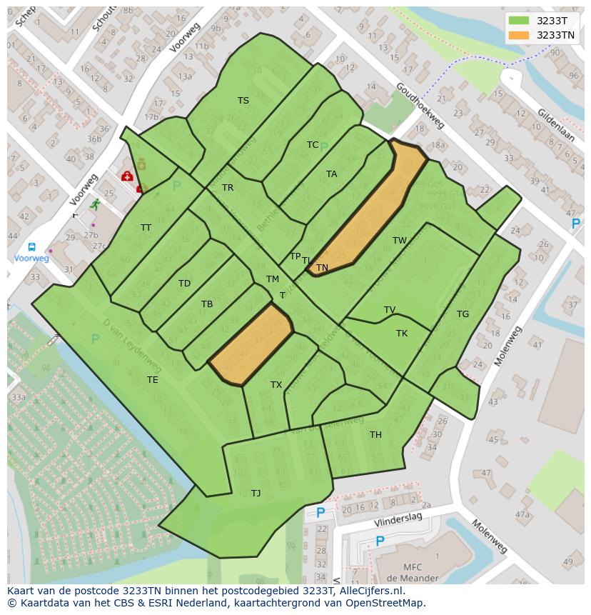 Afbeelding van het postcodegebied 3233 TN op de kaart.