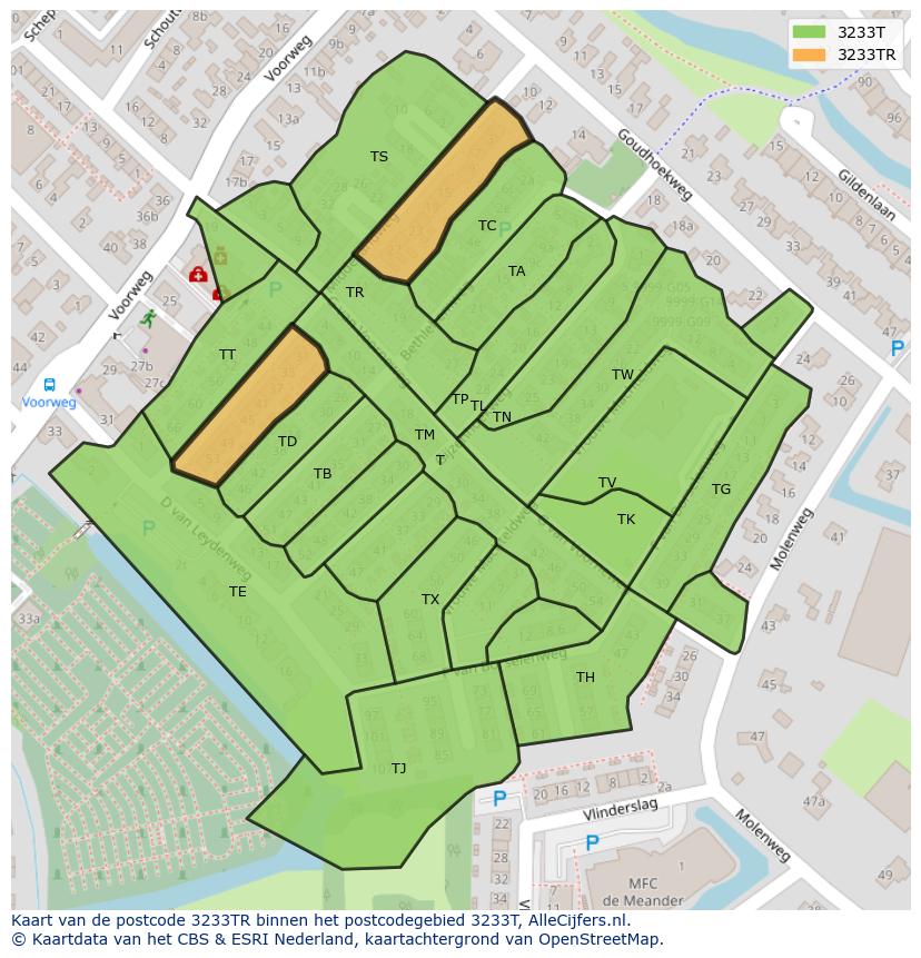 Afbeelding van het postcodegebied 3233 TR op de kaart.