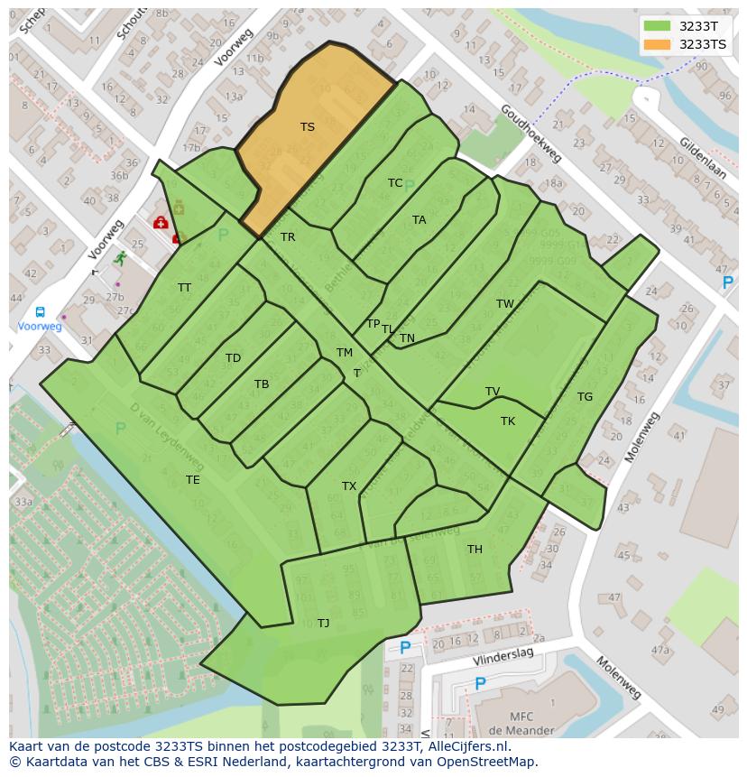 Afbeelding van het postcodegebied 3233 TS op de kaart.
