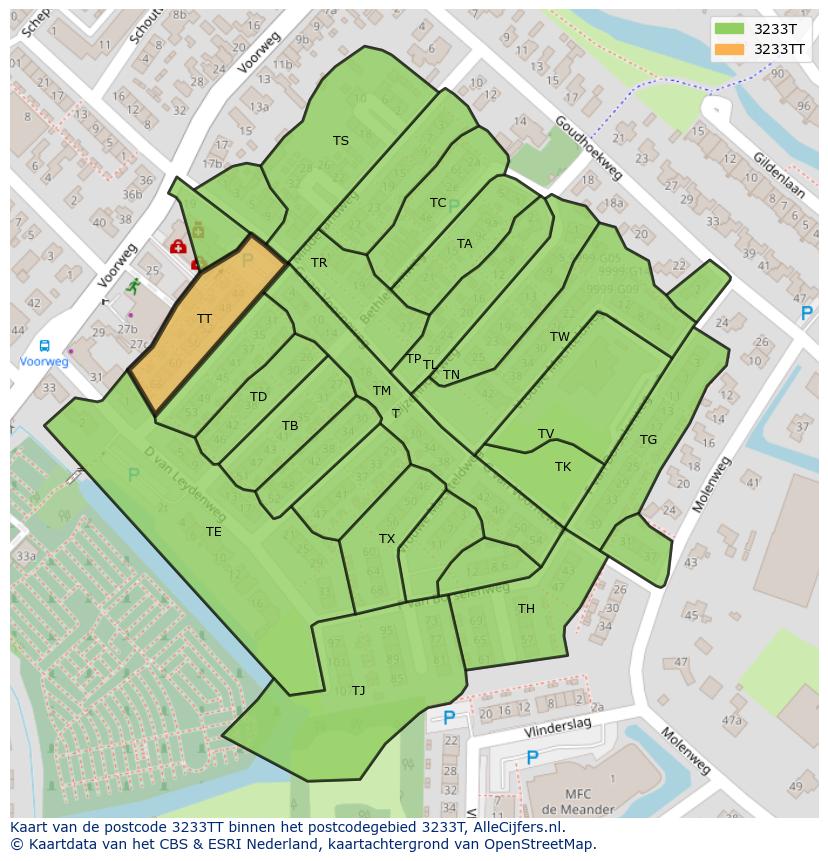 Afbeelding van het postcodegebied 3233 TT op de kaart.