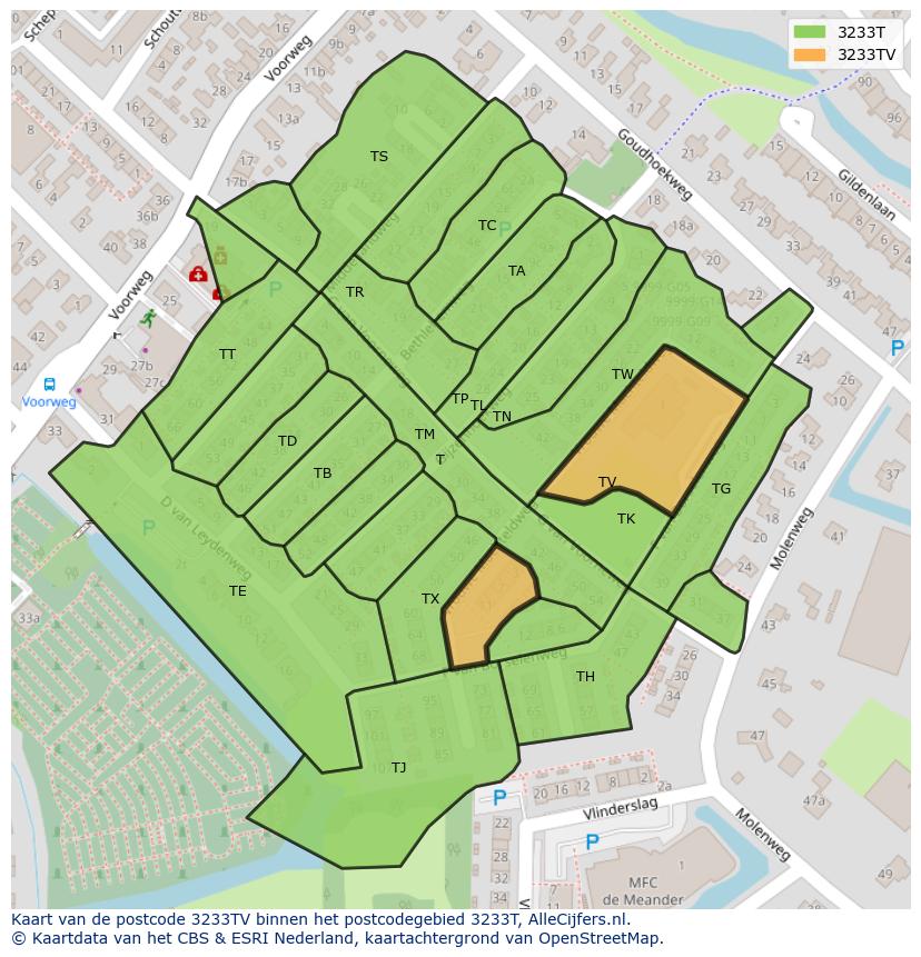 Afbeelding van het postcodegebied 3233 TV op de kaart.
