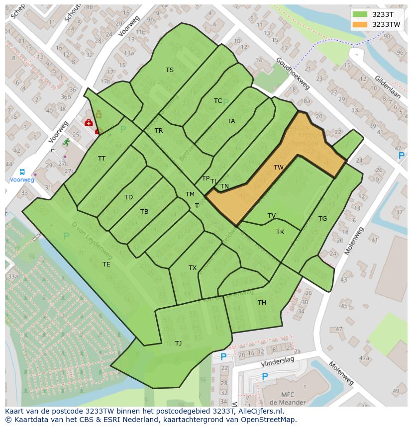 Afbeelding van het postcodegebied 3233 TW op de kaart.