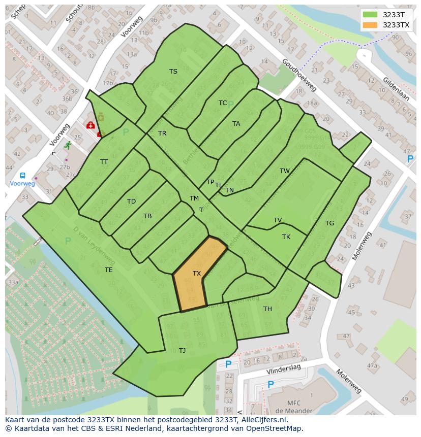 Afbeelding van het postcodegebied 3233 TX op de kaart.