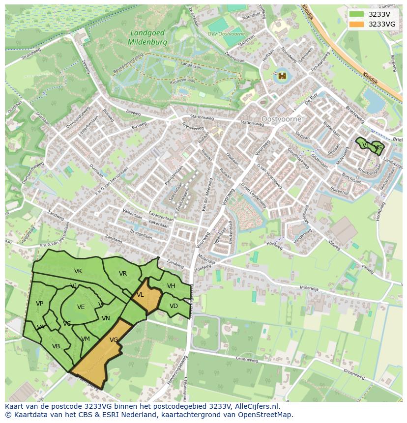 Afbeelding van het postcodegebied 3233 VG op de kaart.