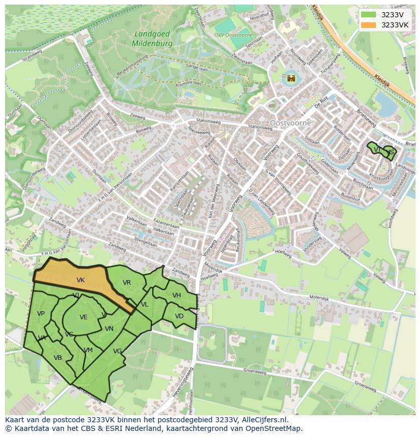 Afbeelding van het postcodegebied 3233 VK op de kaart.