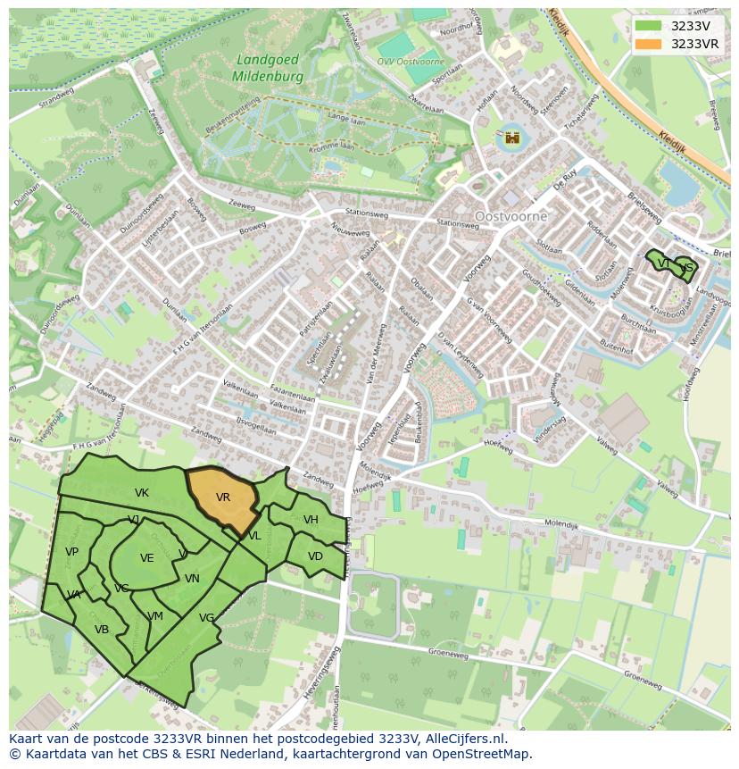 Afbeelding van het postcodegebied 3233 VR op de kaart.