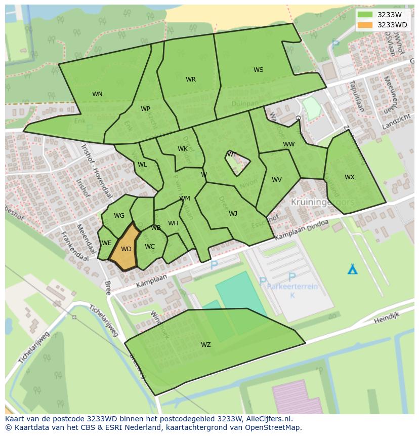 Afbeelding van het postcodegebied 3233 WD op de kaart.