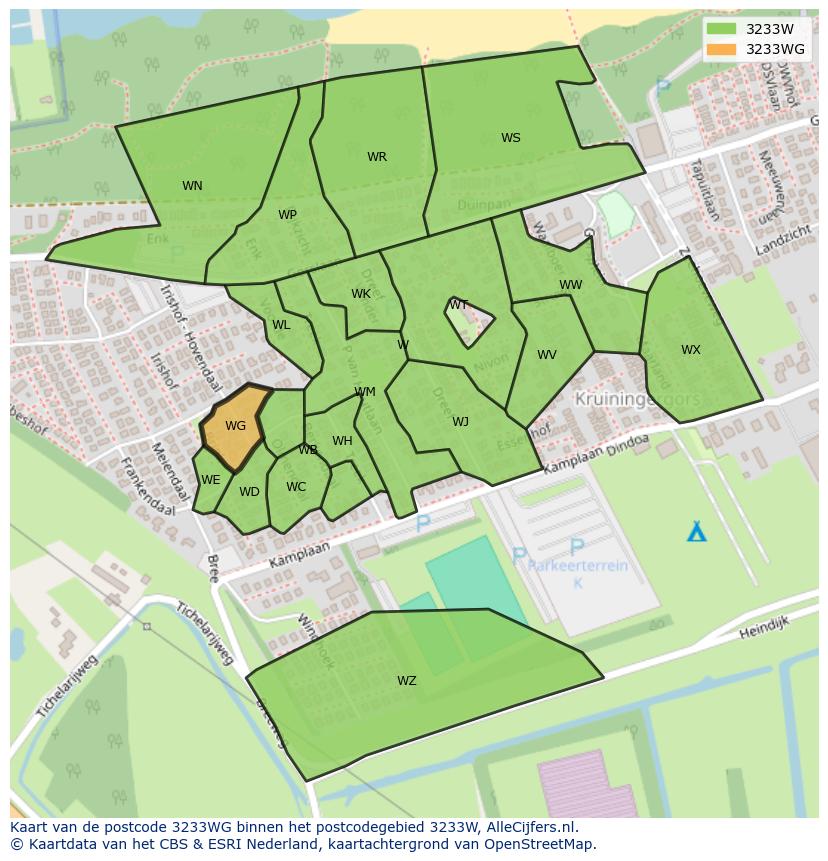 Afbeelding van het postcodegebied 3233 WG op de kaart.