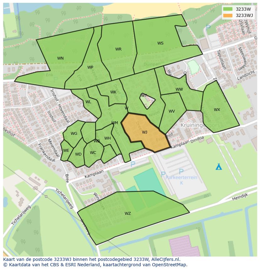 Afbeelding van het postcodegebied 3233 WJ op de kaart.
