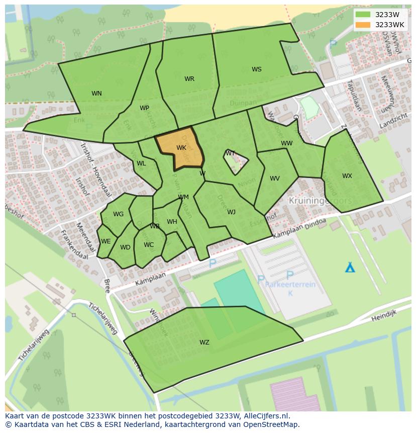 Afbeelding van het postcodegebied 3233 WK op de kaart.