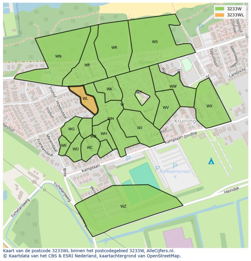 Afbeelding van het postcodegebied 3233 WL op de kaart.